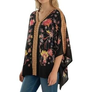 Rose + Olive Floral Kaftan Blouse Womens 3X Black Boho V-Neck Dolman‎ Sleeve Top